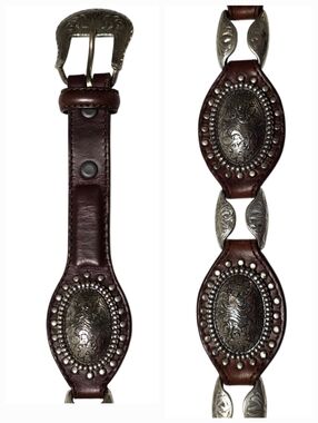 Vintage Justin Boots Brand Western Brown Leather & Silver Concho Belt Size 34